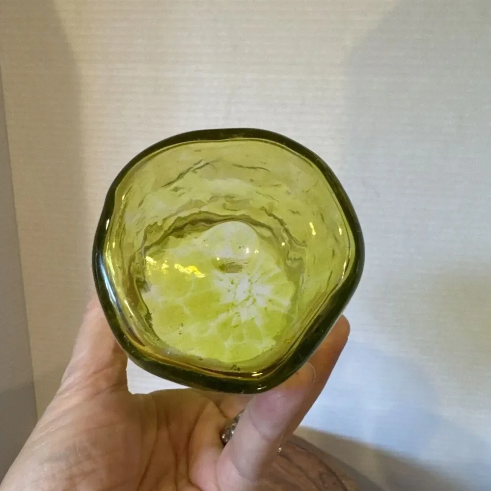 Hand Blown Art Glass Tumbler Yellow Spots Organic Pinched Shape 5” Tall Thick